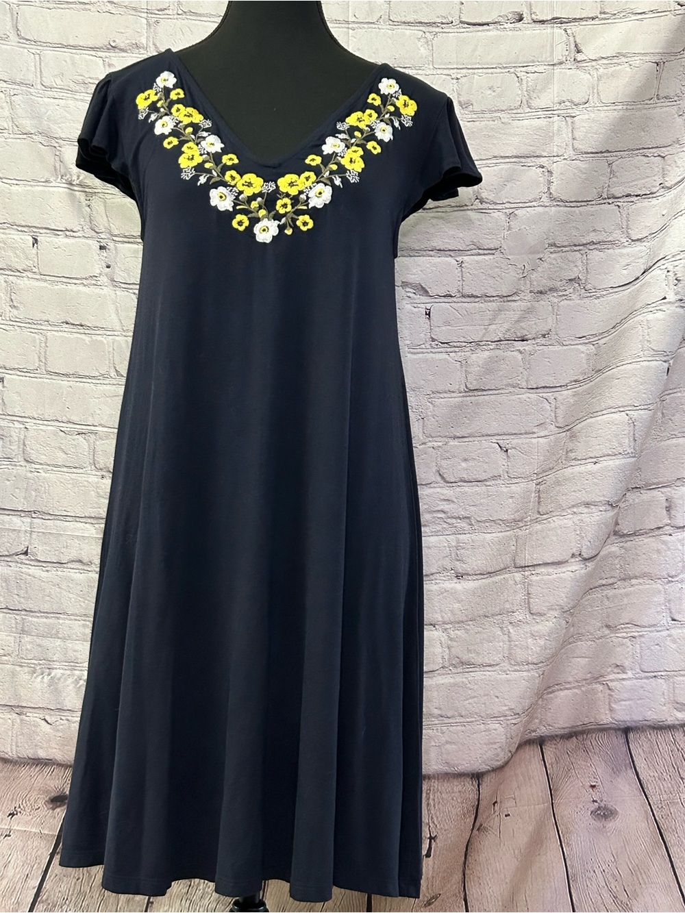 LOFT Navy Maxi Dress with Yellow & White Floral Embroidery